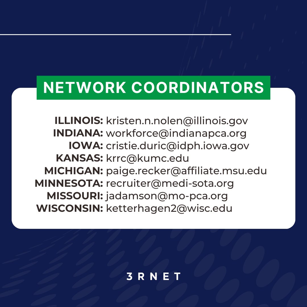 3RNET's tweet image. Here at #3RNET, we work with 54 Network Coordinators across the #UnitedStates that act as the connector between job seekers [like you] and the #rural and underserved employers in your state.

📍Illinois, Indiana, Iowa, Kansas, Michigan, Minnesota, Missouri, Wisconsin