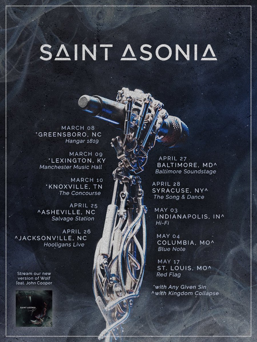 Stoked to hit the road with <a href="/saintasonia/">Saint Asonia</a> this Spring! 🔥

Catch us on the dates below:

April 25th - Asheville, NC
April 26th - Jacksonville, NC
April 27th - Baltimore, MD
April 28th - Syracuse, NY
May 3rd - Indianapolis, IN
May 4th - Columbia, MO
May 17th - St. Louis, MO