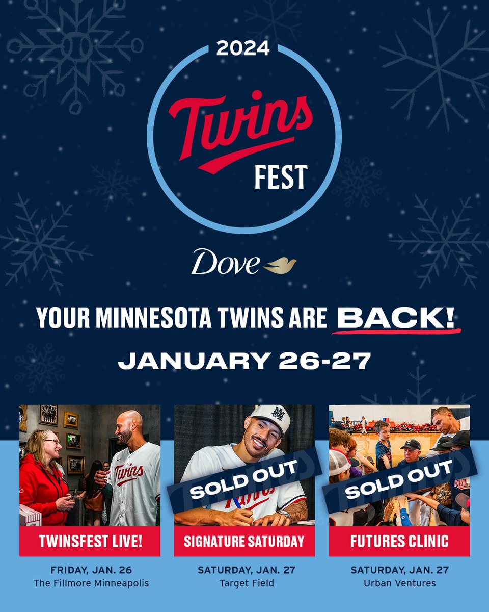 Signature Saturday and our Future's Clinic are OFFICIALLY sold out!

TwinsFest Live! is your only remaining chance to hang out with your favorite players!

Get your last minute tickets now! twins.com/twinsfest
