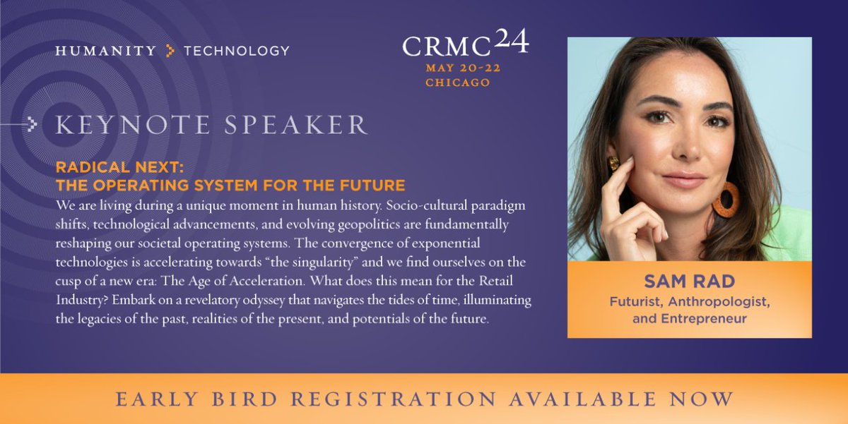 CRMCRetail's tweet image. 📣 New keynote for #CRMC2024 🎉 @samradofficial is THE futurist of our generation! Founder @RadicalNext and 4-time entrepreneur, Sam inspires audiences worldwide, advising the UN &amp;amp; WEF! Catch her at thecrmc.com/register

#CRMC #HumanityOverTech #EnterTheDataverse #CRMCSpeaker