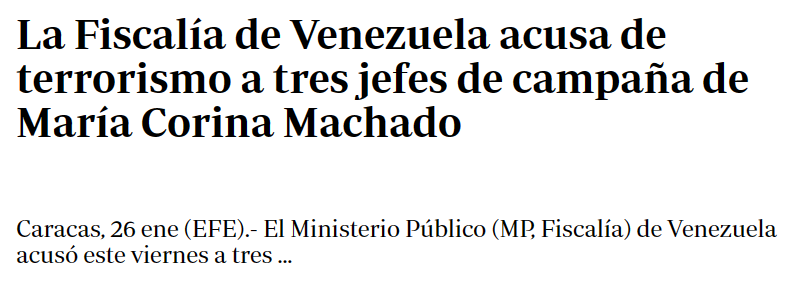 Juan_OrtizMX's tweet photo. El Poder Judicial de Venezuela deja fuera de las elecciones a una opositora al régimen.

Resulta que el Tribunal Supremo de Justicia de Venezuela, ese que va de la mano con Maduro, acaba de darle un golpe a María Corina Machado.

Ratificó su inhabilitación para ocupar cargos públicos ¡por 15 años!

Esta figura opositora se ha vuelto una piedra en el zapato para el régimen de Maduro.

Y también se convirtió en la opositora más popular y, para muchos, la única que podría darle batalla al chavismo en unas elecciones.

Sin embargo, el régimen chavista la acusa de corrupción. Y claro, no se la ha juzgado, pero mantiene sus señalamientos.

Ha recorrido Venezuela y, en una votación interna de la oposición, arrasó con más del 90% de los votos. 

Claro, eso no le gustó nada al gobierno de Maduro, que desde entonces ha intensificado la persecución contra ella y su equipo. 

El último episodio de esta historia es que tres de sus colaboradores más cercanos fueron arrestados y acusados de conspiración.

Así están las cosas en Venezuela, tras más de 20 años de chavismo.