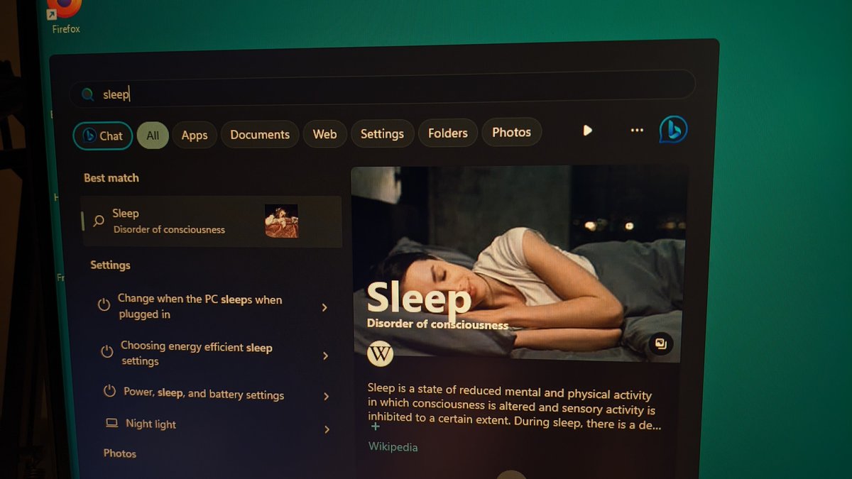 FowlerAskew's tweet photo. Good job Windows, searching Wikipedia for "sleep" makes much more sense than changing the sleep settings for my computer https://t.co/giGFTSZDBP
