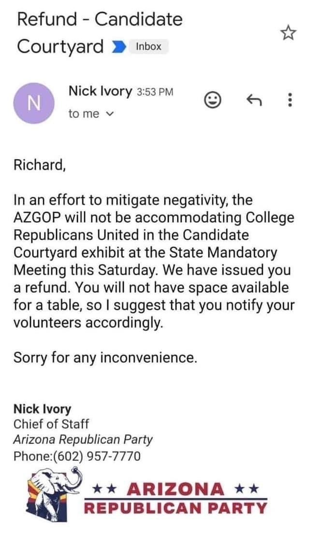 Nick Ivory, #JeffDewit dirty corrupt Chief of Staff is still in place at AZGOP and swamping around here denying a spot to the College Republicans United. Nick Ivory is allegedly tied to Trump hater Jim Lamon RESIGN NICK