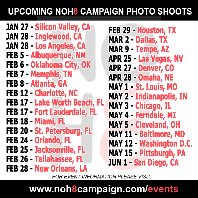 📣 NEW EVENTS ANNOUNCED! Be a part of the #NOH8 movement by joining us at one of our upcoming events! 📷🌈 More info: noh8campaign.com/events RT to help spread the word!