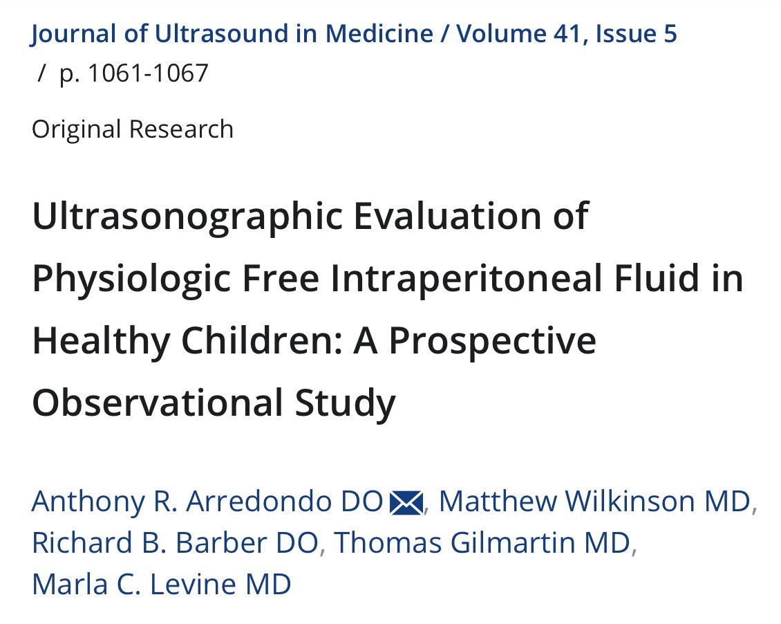 Kids can have incidental free fluid sometimes significant enough to be seen on a FAST exam.

A recent review of asymptomatic children found 52/325 of them (16%) had incidental free fluid on ultrasound.

#pediatric #MedEd #MedTwitter