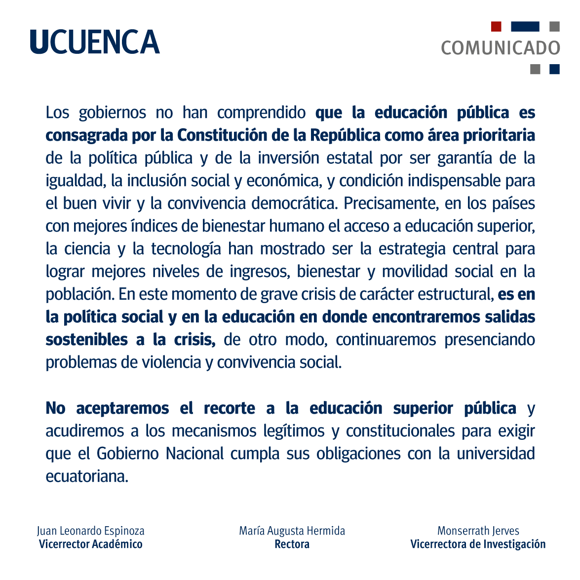 #ComunicadosUCuenca l La Universidad de Cuenca se pronuncia: No al recorte del presupuesto universitario 2024.