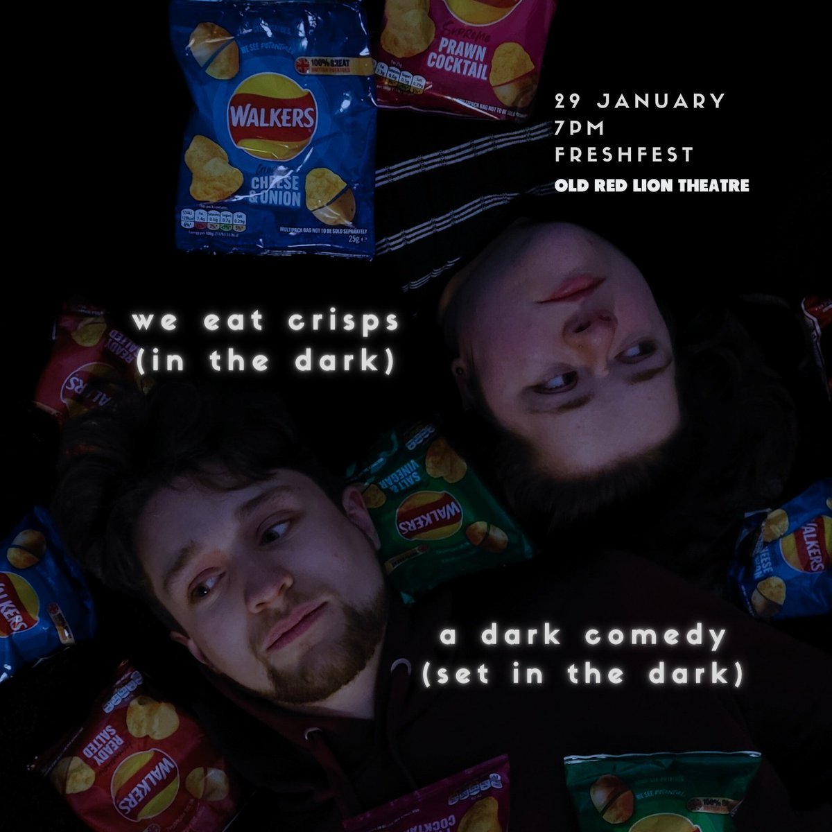 'we eat crisps (in the dark)' is a dark comedy about the value of human connection. Kieran and Rachel are kidnapped. They only have each other in the darkness - and Ready Salted crisps. ⬛️ Catch our rehearsed reading of this exciting new play on 29/01: eventbrite.co.uk/e/play-reading…