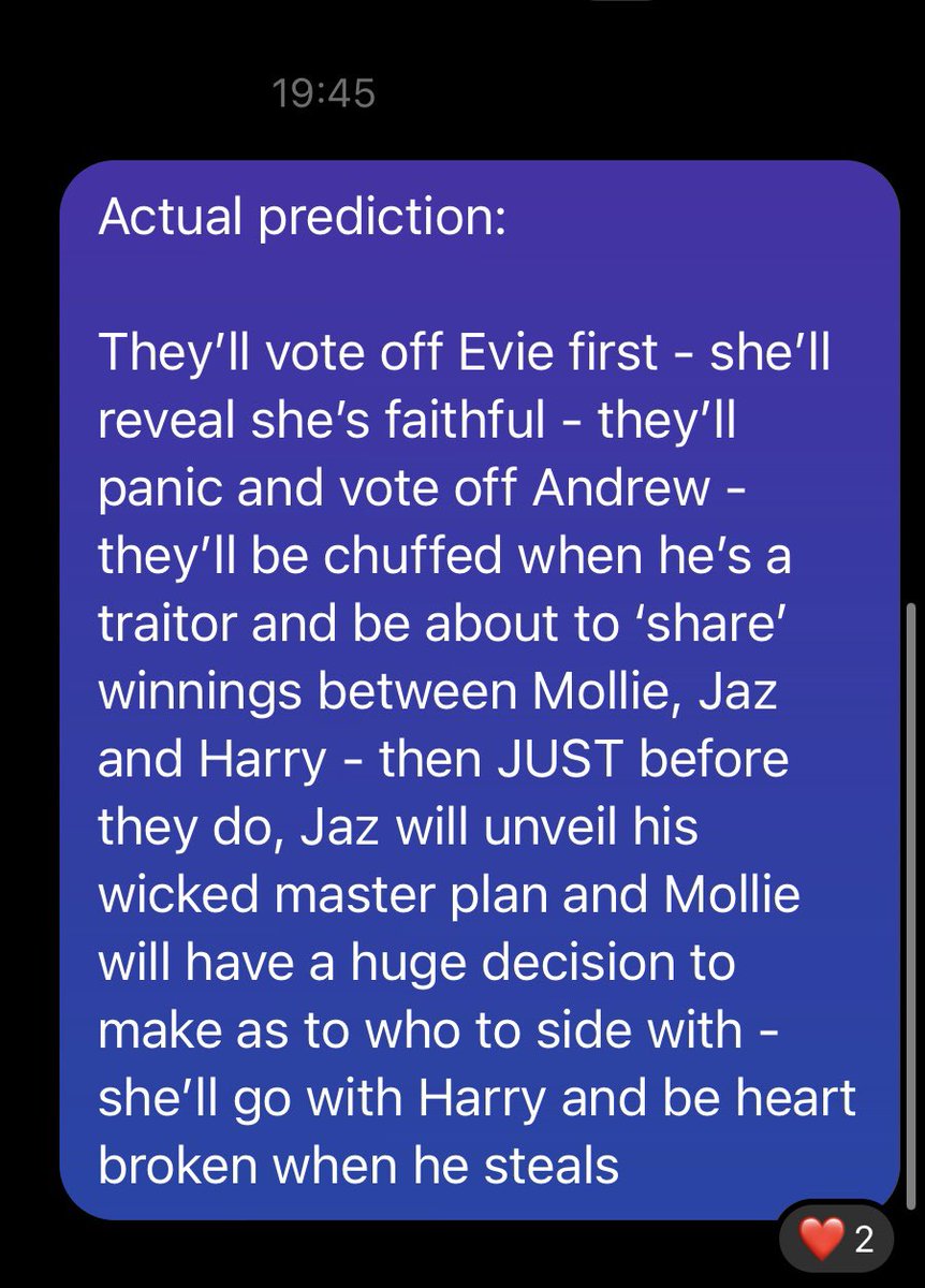 Lads, I am dead smug with this prediction I sent to the group chat a few hours ago ahead of the finale… #TheTraitorsUK