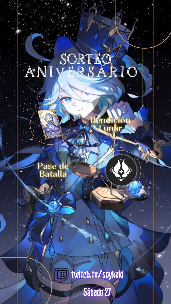 Wenos días!
El día de mañana estaremos celebrando el afiliado del canal y de mi parte humildemente les presento el siguiente sorteo, anímense a participar bobolones

Requisitos para participar:
1.- Seguirme
2.- Like y RT 💟🔁
3.- Comentar con un gif/imagen de Furina