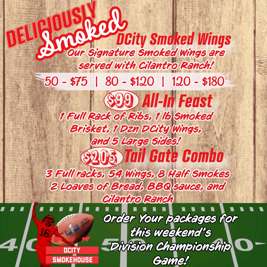 DCity Smokehouse (@dcitysmokehouse) on Twitter photo Order today and be ready for the Big Division Games this weekend! Whether it’s our DCity Smoked Wings, the All-In Package, or the Tail Gate Combo we can guarantee delicious barbecue for you and your crew! Call or Email <a href="/dcitysmokehouse/">DCity Smokehouse</a> today! Order today and be ready for the Big Division Games this weekend! Whether it’s our DCity Smoked Wings, the All-In Package, or the Tail Gate Combo we can guarantee delicious barbecue for you and your crew! Call or Email <a href="/dcitysmokehouse/">DCity Smokehouse</a> today!
