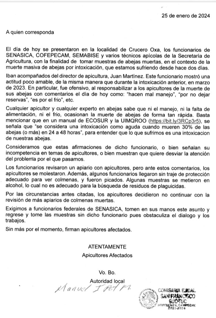 AlianzaMaya's tweet photo. Por segunda vez en un año, se reporta la muerte masiva de #abejas en #Oxa, #Hopelchen. Además de esto, denunciamos la incapacidad de servidores público para atender estas emergencias con etica, responsabilidad, empatía y conocimientos técnicos. URGE! @Agricultura_mex @SENASICA https://t.co/Jft0vf6fe2