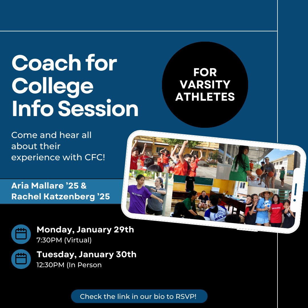 For Varsity Athletes🦁 Next week, Aria Mallare ’25 (Track and Field) and Rachel Katzenberg ’25 (Field Hockey) will be hosting info sessions for the Coach for College Program. Any and all interested athletes, please RSVP through the link in our bio! #coachforcollege #golyons