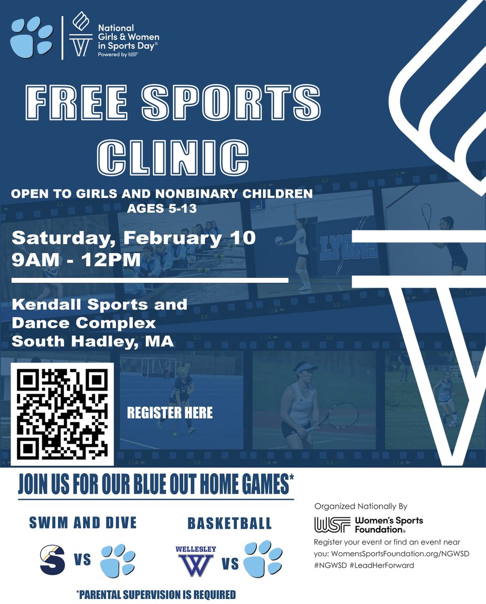 Join us on Saturday, February 10th from 9AM to 12PM for our sports clinic in honor of National Girls and Women in Sports Day‼️ For more information, please visit our website at athletics.mtholyoke.edu or click the link in our bio! #ngwsd #mtholyoke #golyons