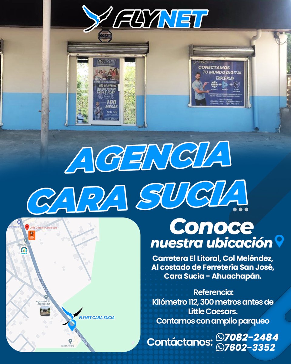 flynetsv's tweet image. 🚀 ¡FLYNET anuncia la apertura de Agencia Cara Sucia en Ahuachapán! Ofrecemos servicios de internet🌐 e IPTV🖥️ de alta calidad, conectando comunidades en San Francisco Menéndez. Estamos en Carretera El Litoral, Colonia Meléndez, Cara Sucia, Ahuachapán. #flynet #netplay