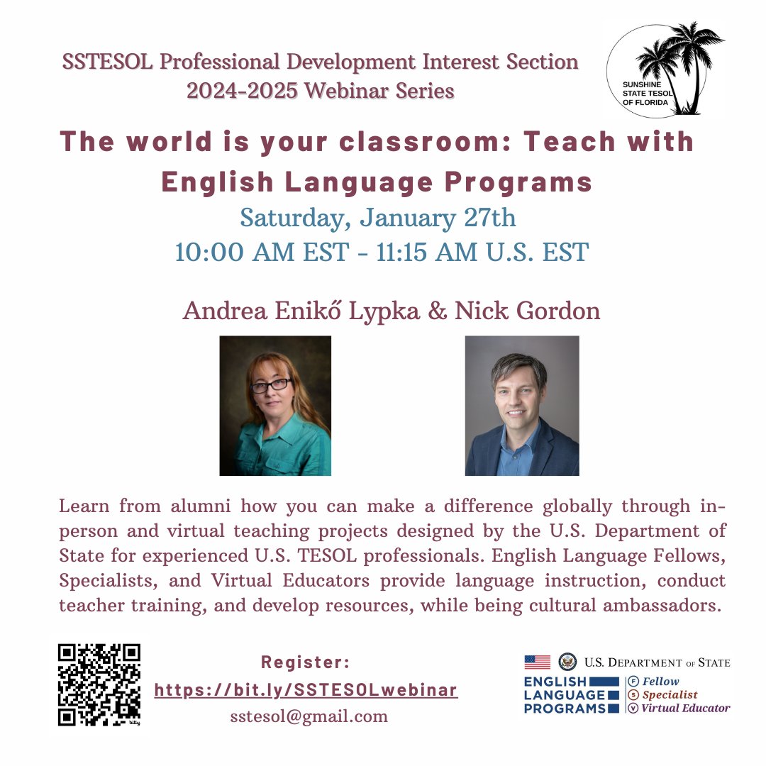 Andrea (@andrealypka) on Twitter photo There is still time to register for the #webinar The world is your classroom: Teach with <a href="/ELPrograms/">English Language Programs</a> on Saturday, January 27th from 10:00 AM EST. Register: bit.ly/SSTESOLwebinar
The event is free and open for all.
#elpspecialist #elprogramsalumni <a href="/SSTESOL/">Sunshine State TESOL</a> <a href="/ELPrograms/">English Language Programs</a> There is still time to register for the #webinar The world is your classroom: Teach with <a href="/ELPrograms/">English Language Programs</a> on Saturday, January 27th from 10:00 AM EST. Register: bit.ly/SSTESOLwebinar
The event is free and open for all.
#elpspecialist #elprogramsalumni <a href="/SSTESOL/">Sunshine State TESOL</a> <a href="/ELPrograms/">English Language Programs</a>