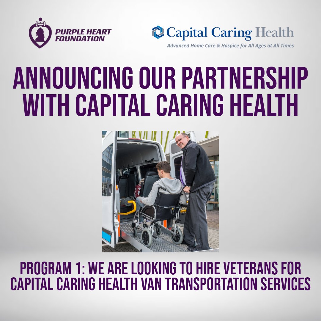 The Purple Heart Foundation is proud to partner with Capital Caring Health, a non-profit illness care provider that has provided hospice, palliative care, and counseling. The Partnership will create programs, including looking to hire veterans for Capital Caring Health Services.