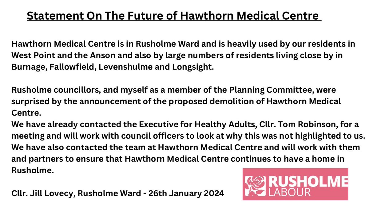 Statement from Rusholme cllr Jill Lovecy on the future of Hawthorn Medical Centre 👇👇 (Lidl wants to demolish it to make space for a new store)