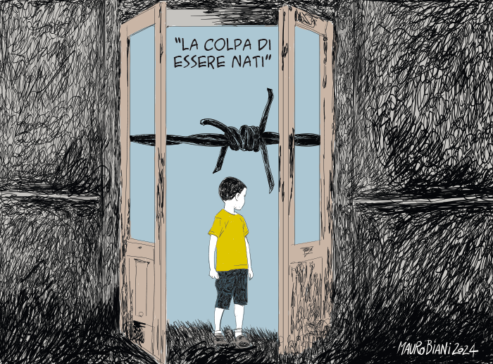 "La colpa di essere nati" 

#Biani ! 💔 

"Auschwitz è fuori di noi, ma è intorno a noi. La peste si è spenta, ma l'infezione serpeggia." 

"Ognuno è ebreo di qualcuno." 😞 

#Peace ! 🕊️ 

 <a href="/maurobiani/">Mauro Biani</a> oggi su <a href="/repubblica/">Repubblica</a>