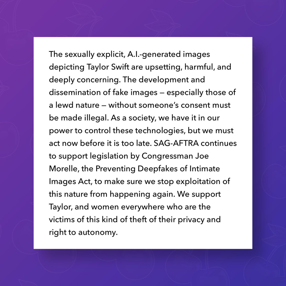 SAG-AFTRA releases statement on Taylor Swift AI-generated images: “As a society, we have it in our power to control these technologies, but we must act now before it is too late.”