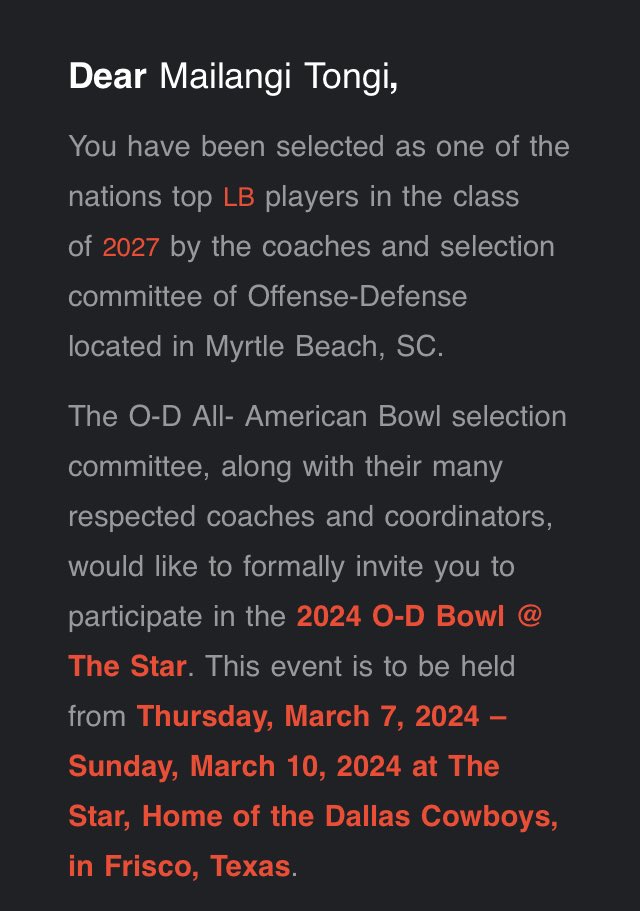 Thankful for the invite to play in the Offense-Defense All-American Bowl in Texas on 3/7. Grateful and excited for this opportunity to participate in the All-American Bowl! Blessed🙏 @BrandonHuffman @GregBiggins @FootballPaly @DDeGeronimo @247Sports