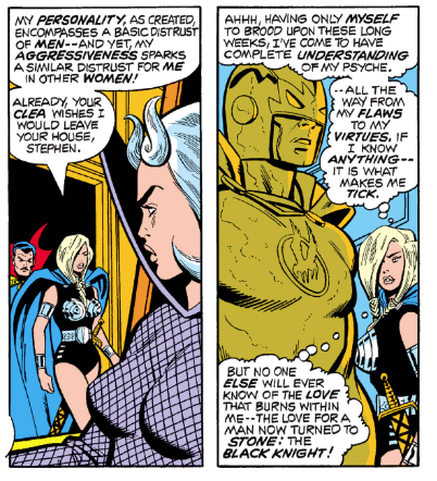MarvelADay's tweet photo. #Def5 #MarvelADay Valkyrie is now at Doctor Strange's Sanctum Sanctorum (which is more perilous to misspell these days than 'twas in those). V distrusts all men but claims to be in love with The Black Knight statue. Literal objectification? PMB https://t.co/OXA95OdFGj