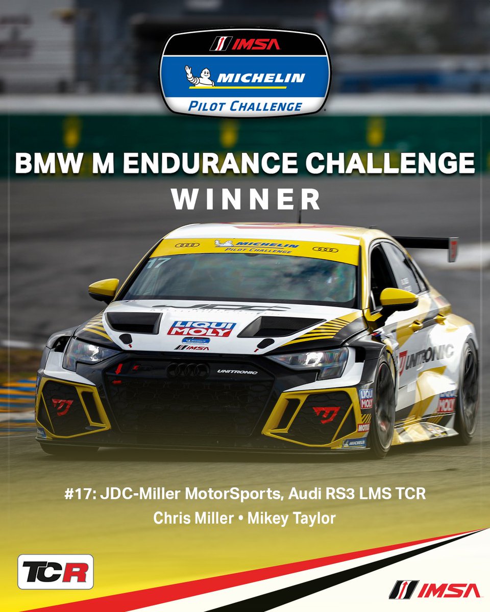 IMSA's tweet photo. Congratulations to your IMSA Michelin Pilot Challenge, BMW M Endurance Challenge at Daytona Winners!

#IMSA | @DAYTONA | @BMWMotorsport | @KellymossInc | @JDCMotorSports | @Michelin_Sport | https://t.co/3MBxgZsupn