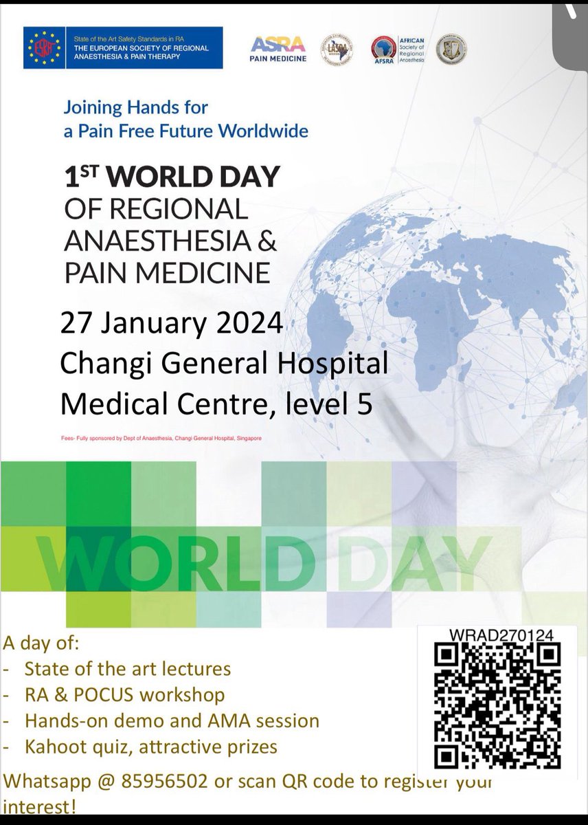 pritanand's tweet photo. T-1 hour to the #WDRAPM at Changi General Hospital. We have over 35 residents, and specialists participating today. Day of lectures, AMA foll by Hands on stations on volunteers and the Quiz by @ESRA_Society @mokaeleni 
Looking forward to it. #worldweek shout out to all for today https://t.co/xZsdwJZy2T
