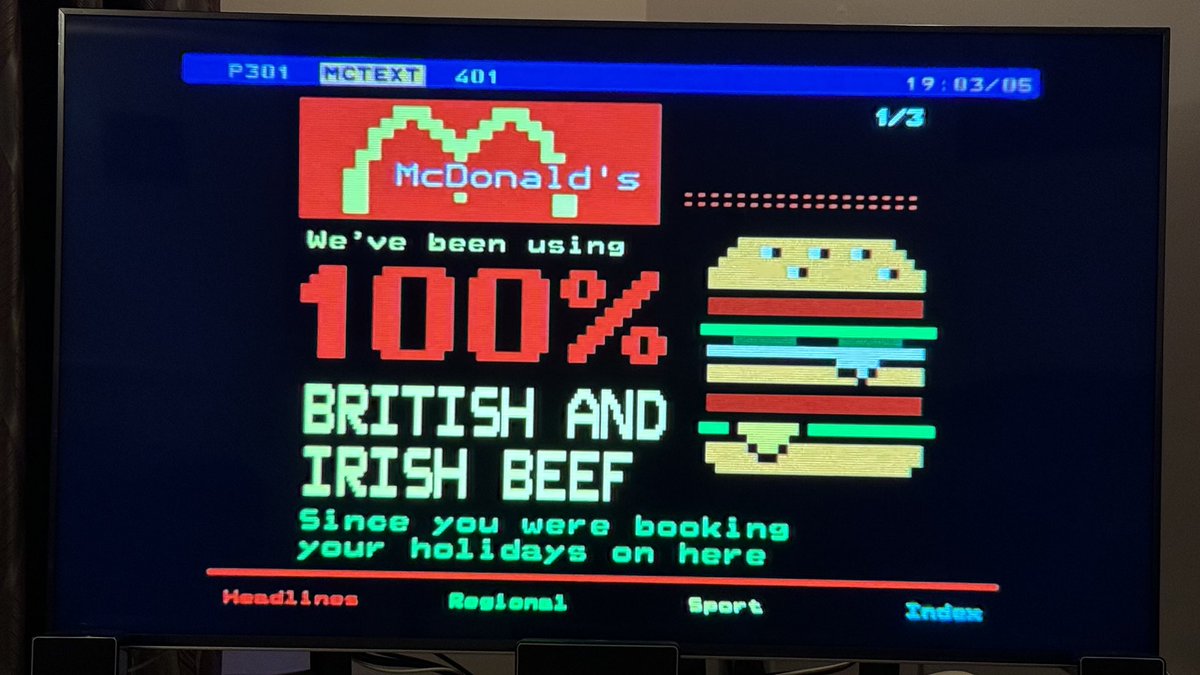 There is so much wrongness with this Ronalds Ceefax/Teletext ad I can barely type with nerdrage.
(╯°□°)╯︵ ┻━┻