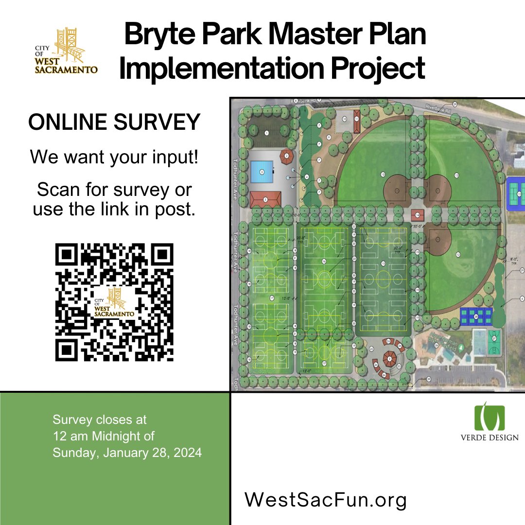 The <a href="/cityofwestsac/">West Sacramento</a>  Bryte Park Master Plan Public Meeting was this past Wednesday, January 24th. Please take our online survey if you couldn't make it but would like to provide input on the plans.
forms.gle/tSH8WNp9zK2T6M…
The survey closes at midnight on Sunday, Jan 28, 2024.
