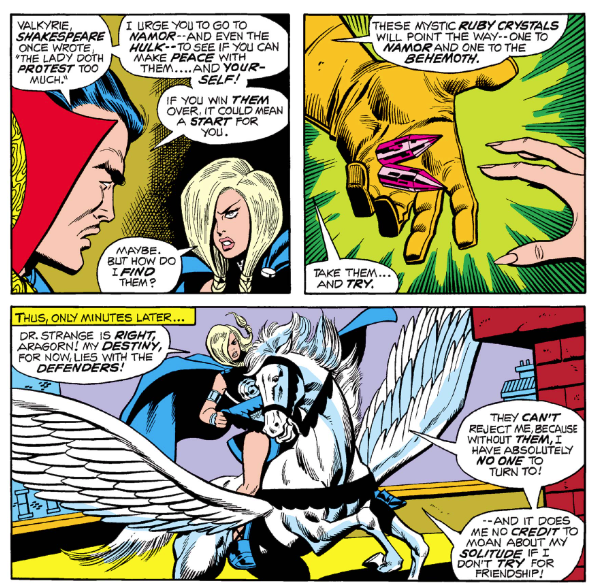 MarvelADay's tweet photo. #Def5 #MarvelADay Doc convinces V to ask Namor and Hulk to let her join the Defenders and have some meaning in her life. So she takes her stolen sword and climbs on her stolen pegasus and sets off on this quest with some gifted magic rubies! PMB https://t.co/mmzPKiBsfz