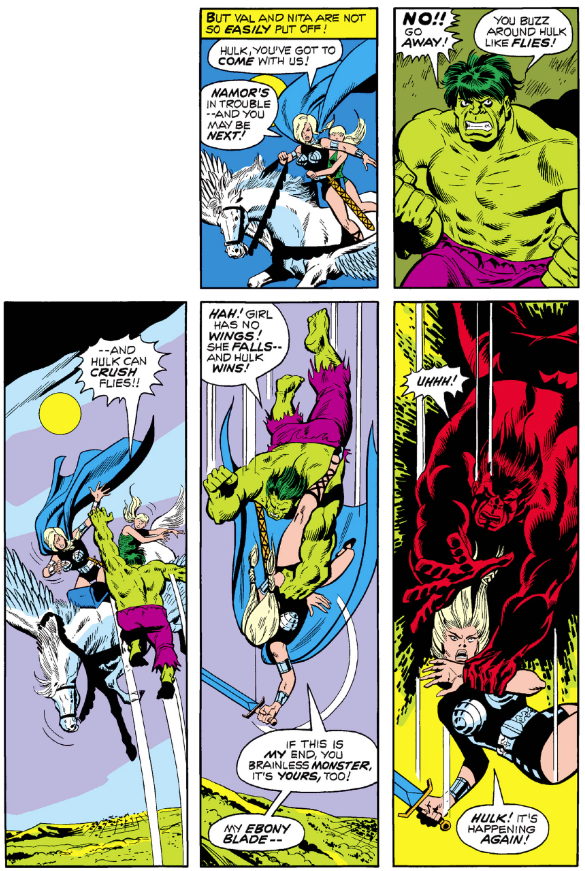 MarvelADay's tweet photo. #Def5 #MarvelADay V and Namorita try to talk to Hulk about Namor getting negativized, but Hulk prefers to smash the girls for bothering him! Before he can squish them, he also gets teleported away. Luckily for V, the real hero Aragorn is able to save her from gravity! PMB https://t.co/jxxMMrlWrD