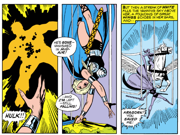 MarvelADay's tweet photo. #Def5 #MarvelADay V and Namorita try to talk to Hulk about Namor getting negativized, but Hulk prefers to smash the girls for bothering him! Before he can squish them, he also gets teleported away. Luckily for V, the real hero Aragorn is able to save her from gravity! PMB https://t.co/jxxMMrlWrD