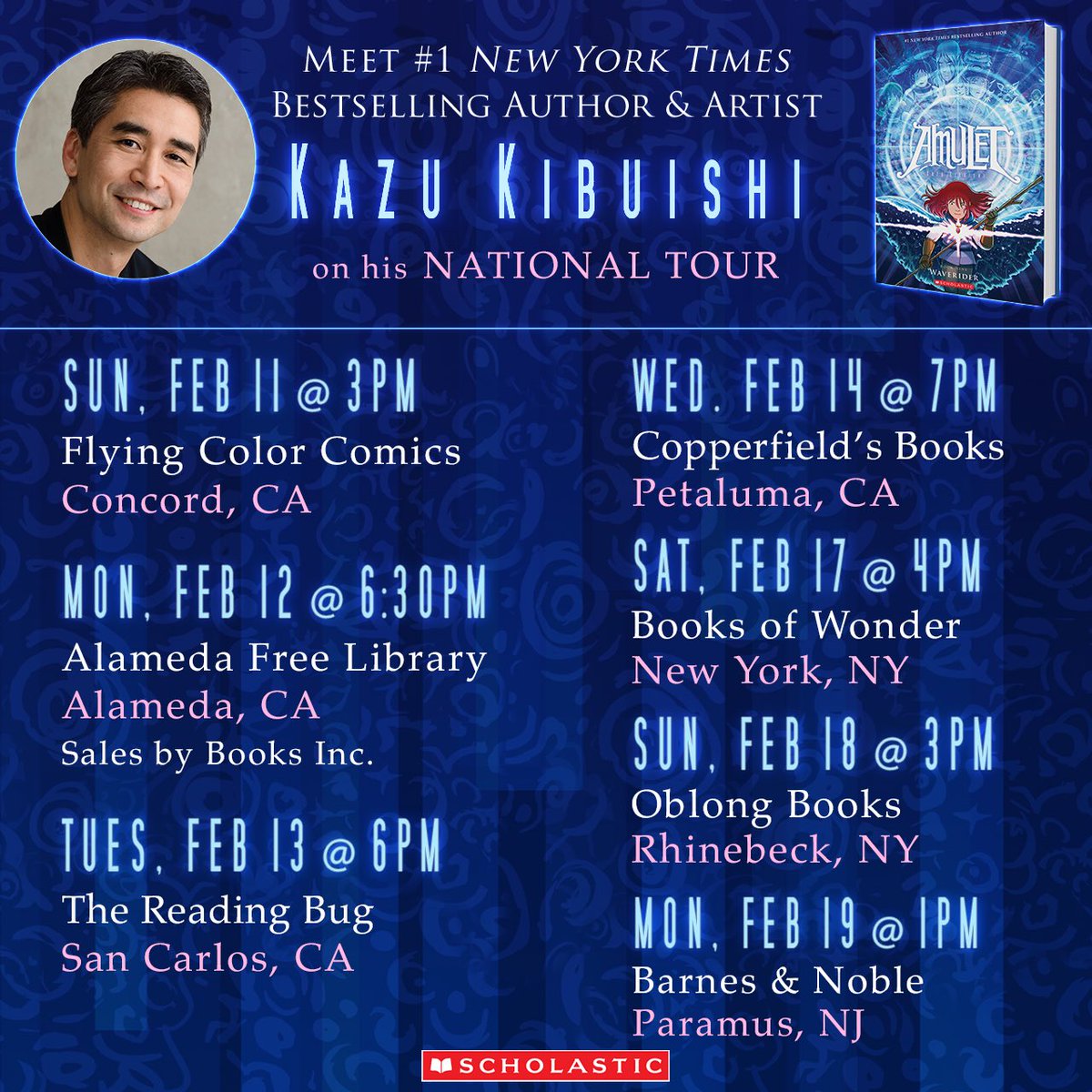 boltcity's tweet image. I’m about to get back on the road for a book tour. It’s been a long time. Here are the Amulet 9: Waverider tour locations: