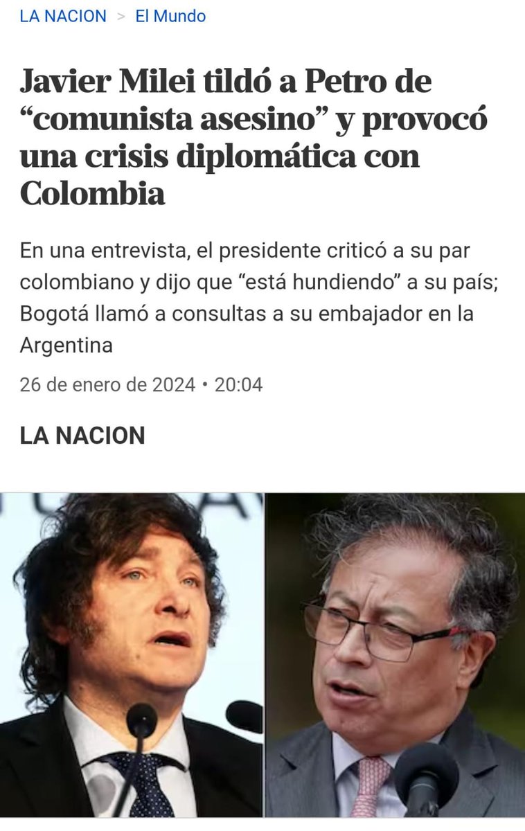 Repudio dichos presidente @JMilei sobre el pdte de #Colombia @petrogustavo Desafortunada frase que no representa el pensamiento del pueblo argentino. Ojalá este triste hecho no perjudique la relación e/ pueblos latinoamericanos que tienen larga trayectoria @Observatorio_FV