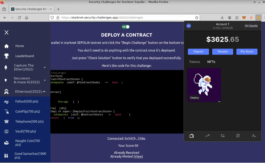 devnet0x's tweet photo. Your Starknet Security Challenge has been migrated to Starknet Sepolia network before Goerli deprecation. 

You can keep solving challenges and minting your Sepolia testnet NFTs (worth nothing just for fun) on https://t.co/1sOmaJ1svC https://t.co/S8ZroFmcKP