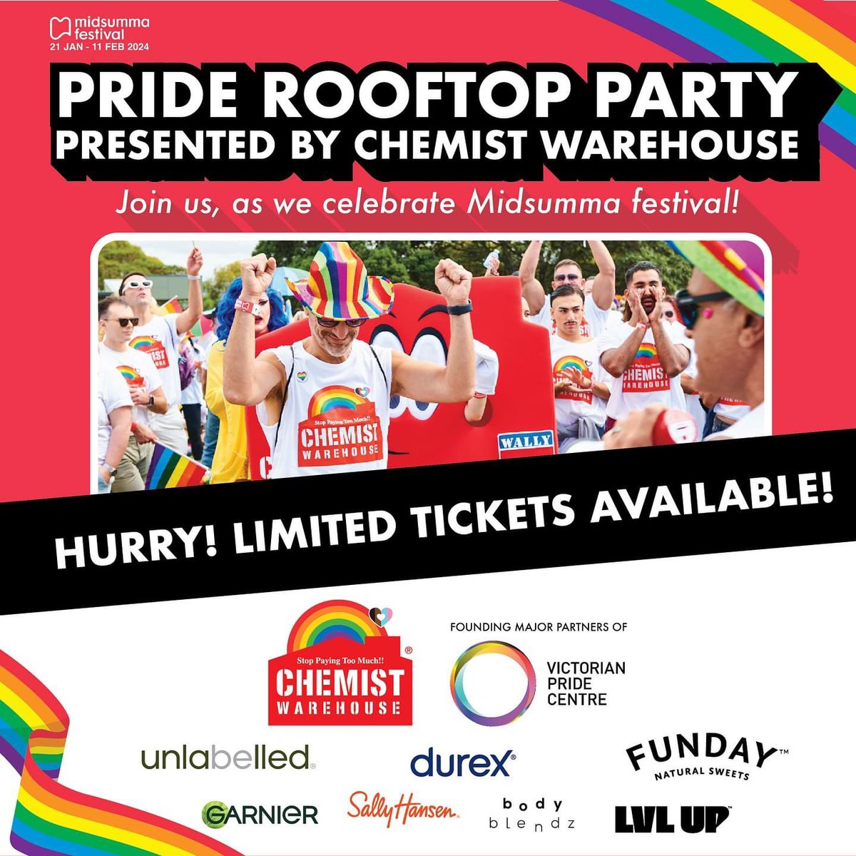 Good morning guys & gals 🫶☕️
Get in quick!!
Chemist Warehouse is celebrating Midsumma Festival at a FREE Pride Rooftop Party & YOU'RE invited! Limited final release tickets out NOW! Join us on Friday, 2nd Feb at the Victoria Pride Centre in St Kilda. Durex a sponsor 🤭