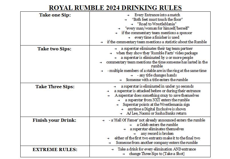 danninolan's tweet photo. Alright. Here it is. 
This years #RoyalRumble  drinking game  
As usual I have included both a regular and an inverted version for every personal preference. 

Proceed with caution you freaking lightweights. 😈
#WWERoyalRumble #SmackDown https://t.co/6ecgDjp4At