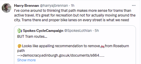 SpokesLothian's tweet photo. @cocteautriplets @CyclingEdin @SW20Ed @RoseburnCycle @TheBikeStation @EdCriticalMass @edi_dot_bike @CllrChasBooth @best_edinburgh @SpokesPorty @davidfkey @CllrScottArthur @DAstonSNP @julebandel @SanneDD @CouncillorCowdy @rsmcksg @FinlayMcF #Roseburn #NEPN #tram
🤔Already misunderstandings !
1. It's not either/or! We *of course* need network of quality bike lanes on main roads; Roseburn is separate issue
2. Tram+🚲👩🦽🚶♀️is feasible->https://t.co/GJTzljenk5
3. Many people do🚲Roseburn path for utility, not just fun https://t.co/muH0fIOwPz