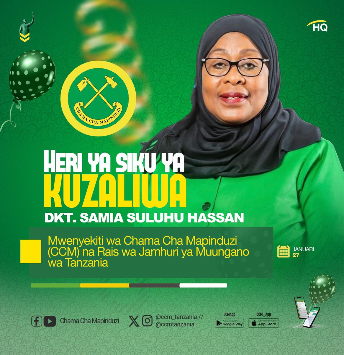 ccm_tanzania's tweet photo. 📌📌HAPPY BIRTHDAY DKT. SAMIA SULUHU HASSAN

Heri ya Kumbukizi ya Siku ya Kuzaliwa kwako Mwenyekiti wa Chama Cha Mapinduzi Taifa na Rais wa Jamhuri ya Muungano wa Tanzania Dkt. Samia Suluhu Hassan.

Mwenyezi Mungu akujalie Afya njema, Maisha marefu Dunianj yaliyotawaliwa na Neema, Baraka na Nuru yake ikuangazid machoni mwako.

🗓️27 JANUARI
#HBDRaisSSH
#CCMImara
#CCMKazini
#KaziIendelee