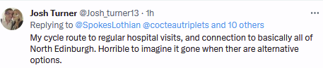 SpokesLothian's tweet photo. @cocteautriplets @CyclingEdin @SW20Ed @RoseburnCycle @TheBikeStation @EdCriticalMass @edi_dot_bike @CllrChasBooth @best_edinburgh @SpokesPorty @davidfkey @CllrScottArthur @DAstonSNP @julebandel @SanneDD @CouncillorCowdy @rsmcksg @FinlayMcF #Roseburn #NEPN #tram
🤔Already misunderstandings !
1. It's not either/or! We *of course* need network of quality bike lanes on main roads; Roseburn is separate issue
2. Tram+🚲👩🦽🚶♀️is feasible->https://t.co/GJTzljenk5
3. Many people do🚲Roseburn path for utility, not just fun https://t.co/muH0fIOwPz