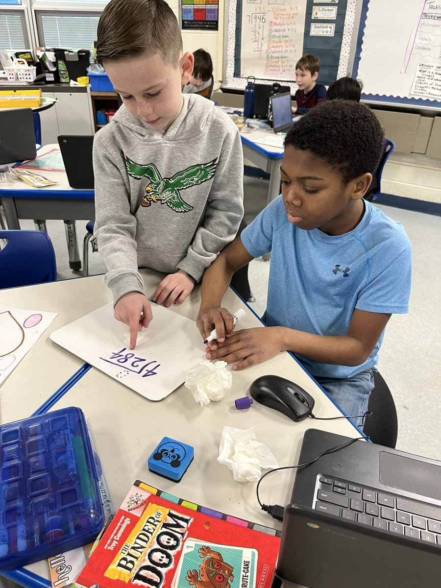 Long division is a team effort! No surprise Conor, our “Caught Being Kind” winner this week, hopped right in to help out Andrew with our “ghost digit” strategy today! #tatemtweets #collsedu