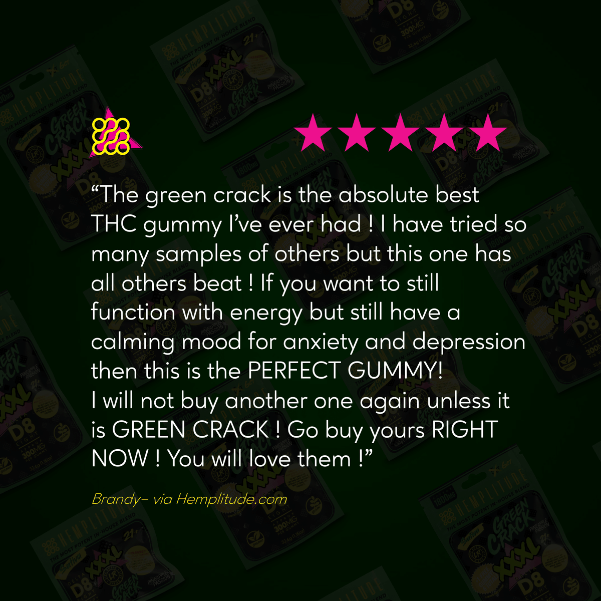 hemplitude's tweet photo. 🚀 Elevate your chill with Green Crack – the ultimate D8 gummy that's got the vibes AND the benefits! 💯 Perfect for keeping you energized yet super chill. 😌✨ Don't sleep on this game changer! #HemplitudeReviews #Hemplitude #GreenCrackGummy #ChillVibesOnly https://t.co/xiHY3xC8L3