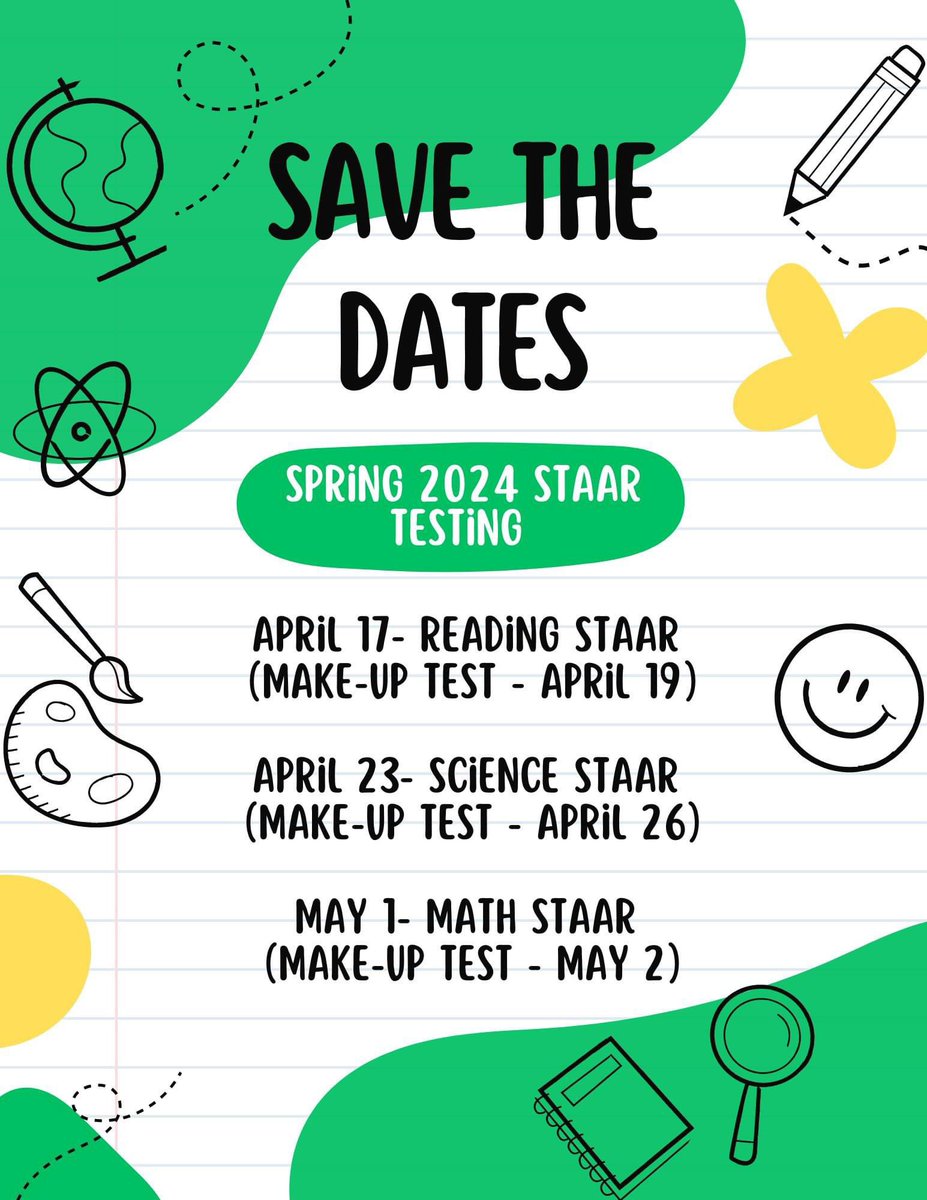 Please take note of all upcoming STAAR testing dates. Our 5th grade students will test in reading, math, and science. 6th grade students will test in reading and math only. #DragonProud #InspireExcellence