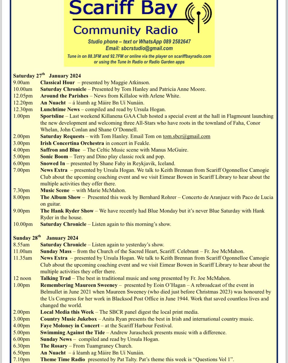 Your weekend listening from Scariff Bay Community Radio, tomorrow at 12.05 Around the Parishes - News from Killaloe with Arlene White.