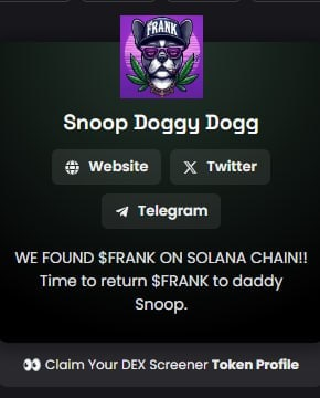 frankonsol's tweet photo. Smooth launch for $FRANK. We are now updated on Dexscreener, check it out now!

https://t.co/alEuvprLXt

$FRANK @SnoopDogg https://t.co/8OiBHRLZ9s