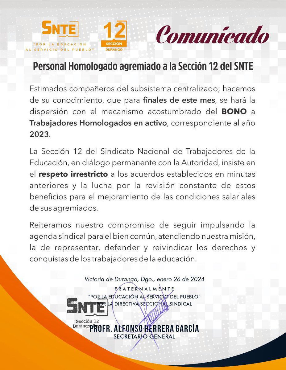 #VamosPorElDespegueSalarial
#LaUnidadNosFortalece

‼️ C O M U N I C A D O ‼️

Personal Homologado agremiado a la Sección 12 del SNTE. 

#SNTEunoAuno
#Sección12