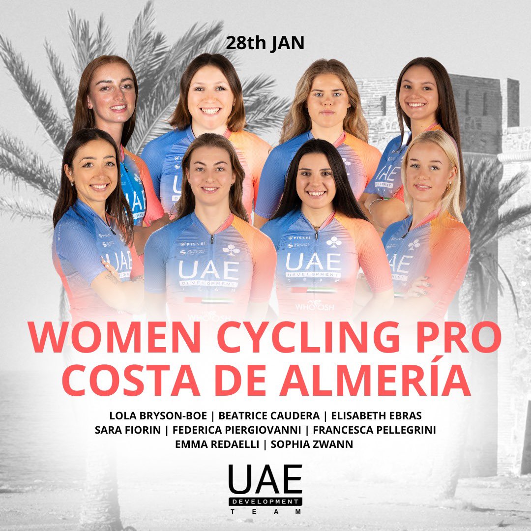 LINE UP 🇦🇪 UAE Development Team x Women Pro Cycling Race Costa de Almería

🇳🇿 BRYSON-BOE Lola
🇮🇹 CAUDERA Beatrice
🇪🇪 EBRAS Elisabeth 
🇮🇹 FIORIN Sara
🇮🇹 PIERGIOVANNI Federica 
🇮🇹 PELLEGRINI Francesca
🇮🇹 REDAELLI Emma
🇳🇱 ZWAAN Sophia 

#believe