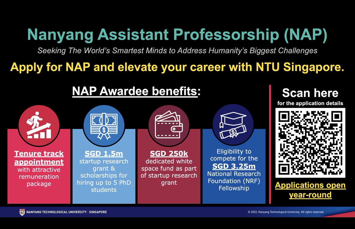Our revamped Nanyang Assistant Professorship (NAP) accepts applications year-round, providing a generous start-up package (up to SGD 1.5m = ~USD 1.1m) to start your independent career at NTU @NTUsg Grateful if you could encourage your colleagues to apply! ntu.edu.sg/research/resea…