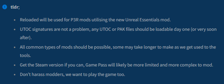 AnimatedSwine37's tweet photo. With P3R coming out in a week I've seen lots of speculation about whether it will be moddable and how we will mod it. 
As such, I've made a post that includes my best answers to these questions based on current information. 

(tldr in the image)
https://t.co/OJumHyu6XZ https://t.co/Y7NdlngLHF