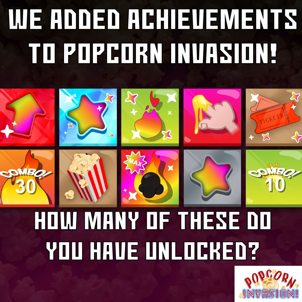 weaselwarstudio's tweet photo. Don't even talk to me unless you've unlocked the butter blaster achievement π
πΏ Popcorn Invasion is now on Google play games and Apple game center!
#popcornInvasion #IndieDevs #NoAI #FreeGames #mobileGames #DevonsBest #newGames #games #popcorn #aliens https://t.co/Txw6kcvm4u